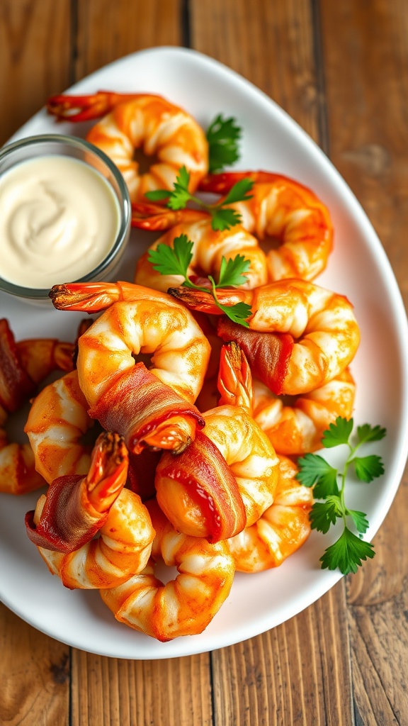 Crispy bacon-wrapped shrimp served with spicy aioli and garnished with parsley on a rustic table.